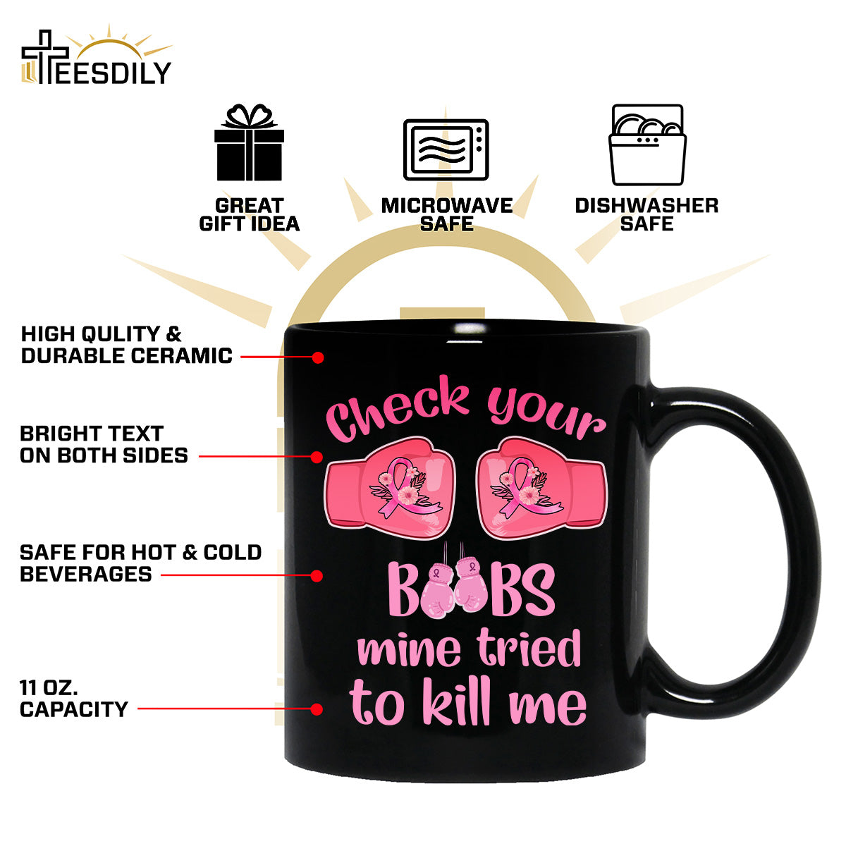 Teesdily | Check Your Boobs Mine Tries To Kill Me Shirt, Breast Cancer Sweatshirt, Cancer Awareness Pink Ribbon Hoodie Mug, Cancer Survivor Gifts