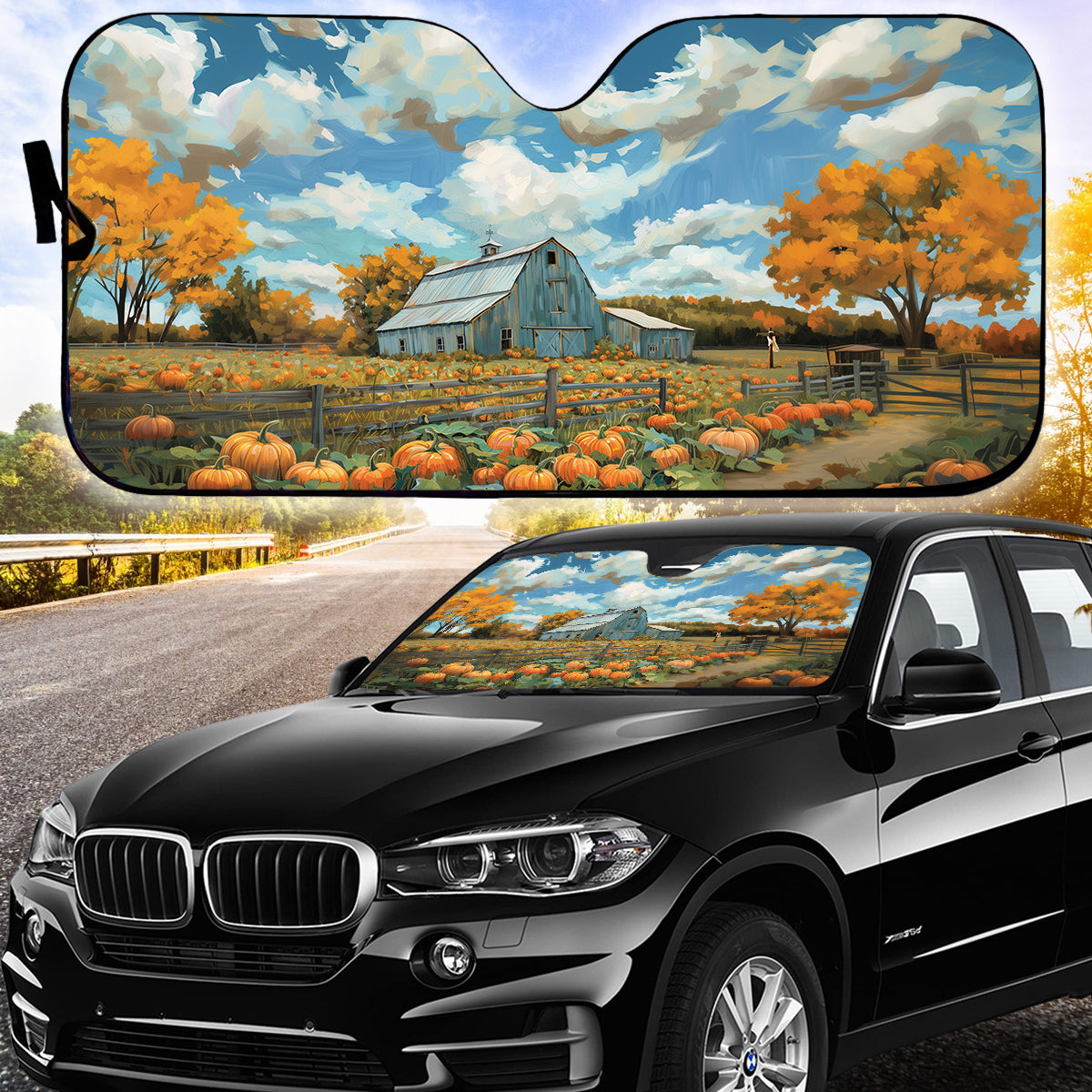 Teesdily | Jesus Cross Thanksgiving Car Auto Sun Shade, Farmhouse Pumpkin Foldable Car Sunshade, Autumn Fall Front Window Sun Visor, Harvest Day Gifts