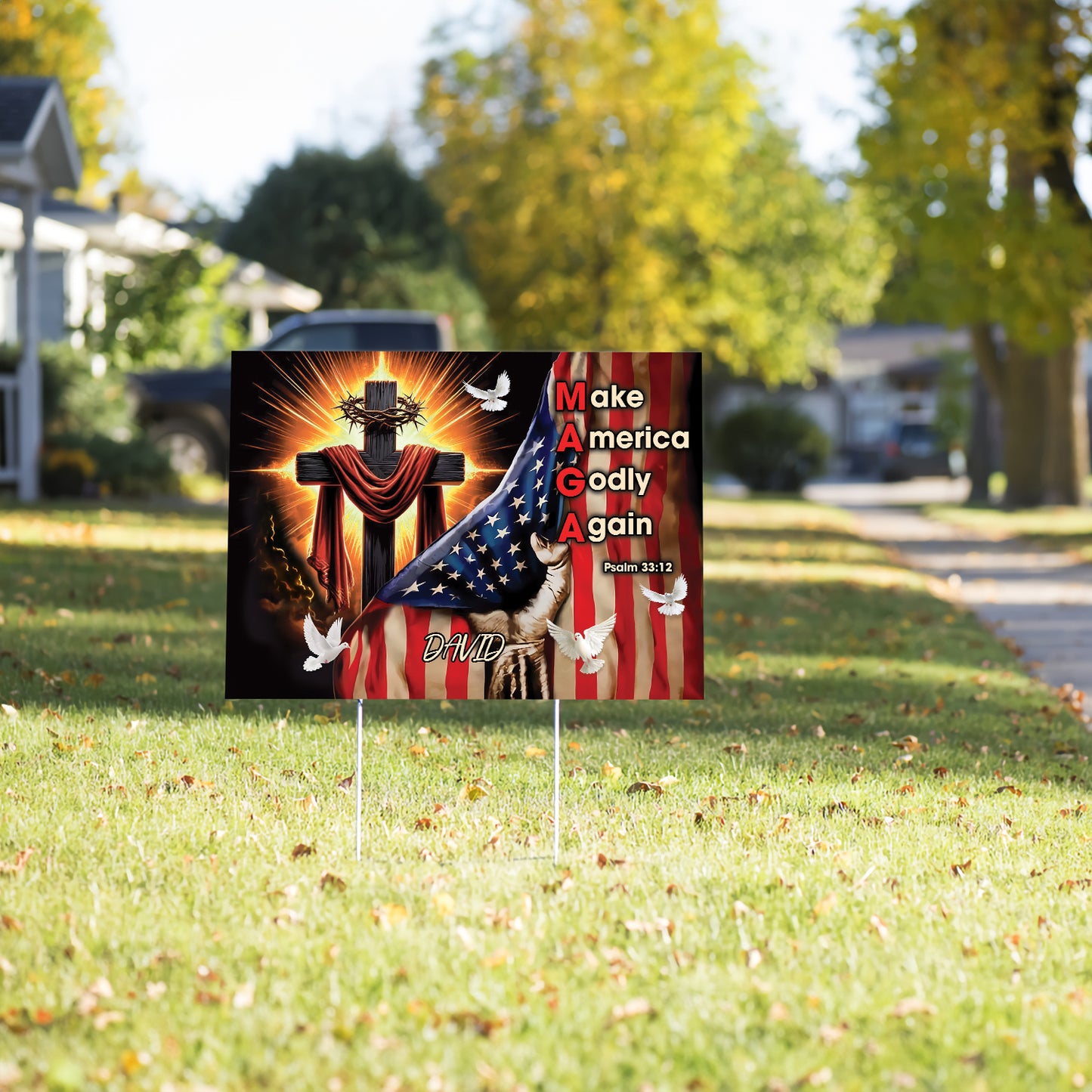 Teesdily | Customized Jesus Cross American Flag Yard Sign, Make America Godly Again Psalm 33 12 Outdoor Sign, Christian Art Lawn Sign, Garden Decor