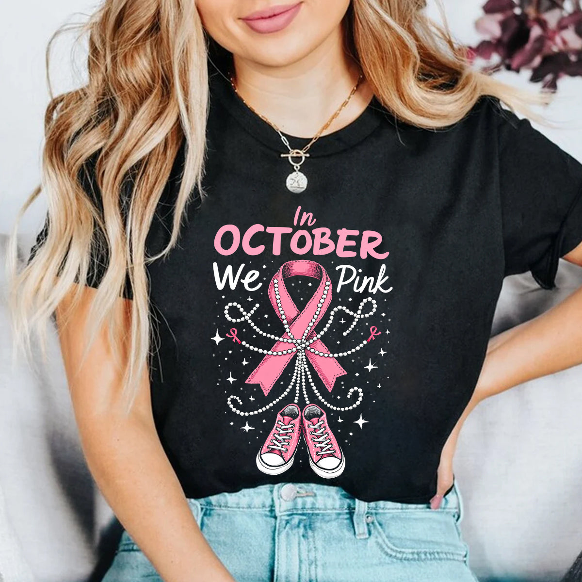 Teesdily | In October We Wear Pink Shirt, Pink Ribbon Shoe Sweatshirt, Breast Cancer Awareness Hoodie Mug, Support Warrior Halloween Gifts