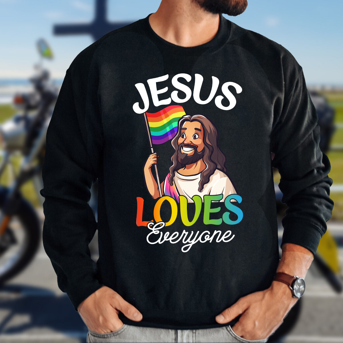 Teesdily | Jesus Loves Everyone Shirt, LGBT Jesus T-shirt, Rainbow Pride Sweatshirt, Gay Pride Month Hoodie, Funny Pride Mug, Jesus Lovers Gift