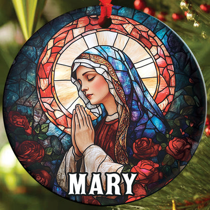 Teesdily | Customized Mary Rose Stained Glass Printed Ornament, Jesus Mary Ornament Christmas, Religious Art Christmas Gift Mom