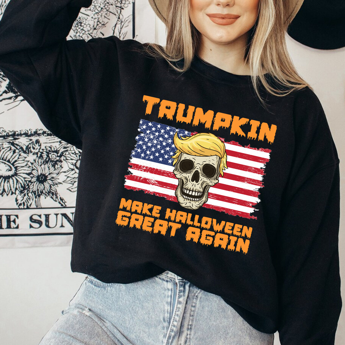 Teesdily | Skull Halloween Shirt, Trumpkin Make Halloween Great Again Sweatshirt Hoodie Mug, Spooky Season T-shirt, Funny Pumpkin Fall Holiday Gift