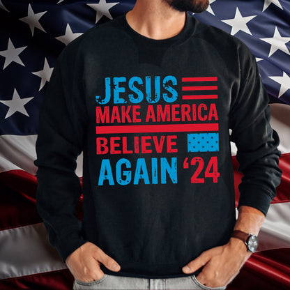 Teesdily | American Flag Jesus Shirt, Jesus Make America Believe Again '24 Tee Sweatshirt Hoodie Mug, Christian American Pride Gift, Patriotic T-shirt