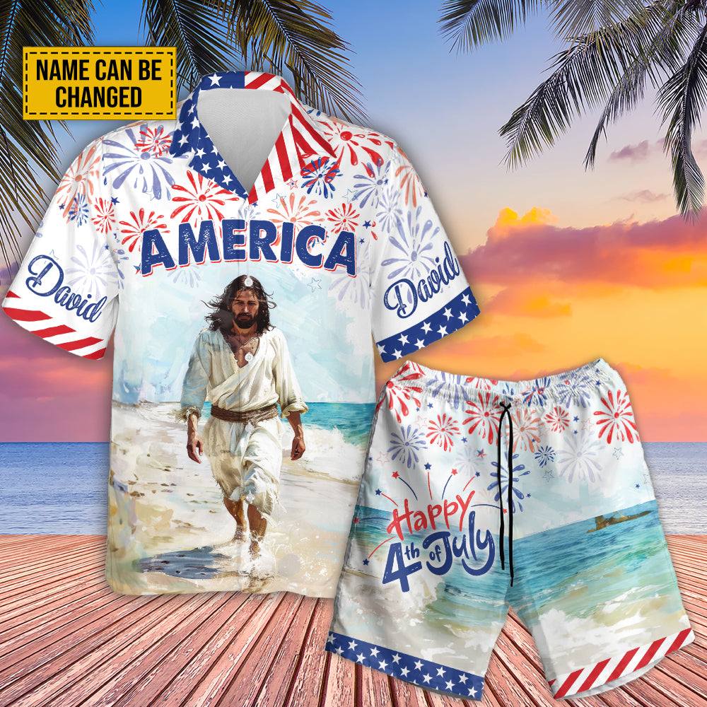 Teesdily | Customized Jesus America Beach Hawaiian Shirt, Happy 4th Of July Hawaii Set, Independence Day Gift, US Flag Pride Aloha Set Summer For Men