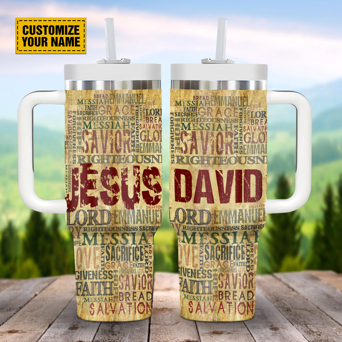 Teesdily | Personalized God's Words 40 oz Tumbler With Handle, Jesus Christ Vintage Travel Tumbler, Christian Faith Gift, 40oz Custom Tumbler