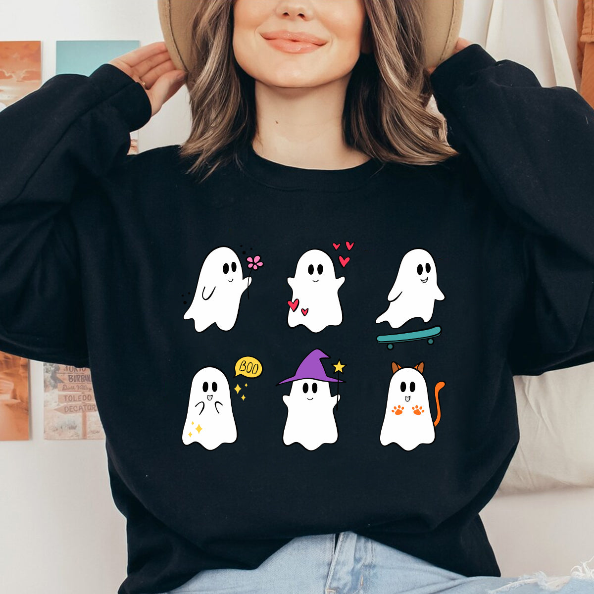 Teesdily | Halloween Cute Ghost Shirt, Halloween Spooky Ghost Flying Tee Sweatshirt Hoodie Mug, Halloween Symbol Gifts, Baby Boo Spooky Tee