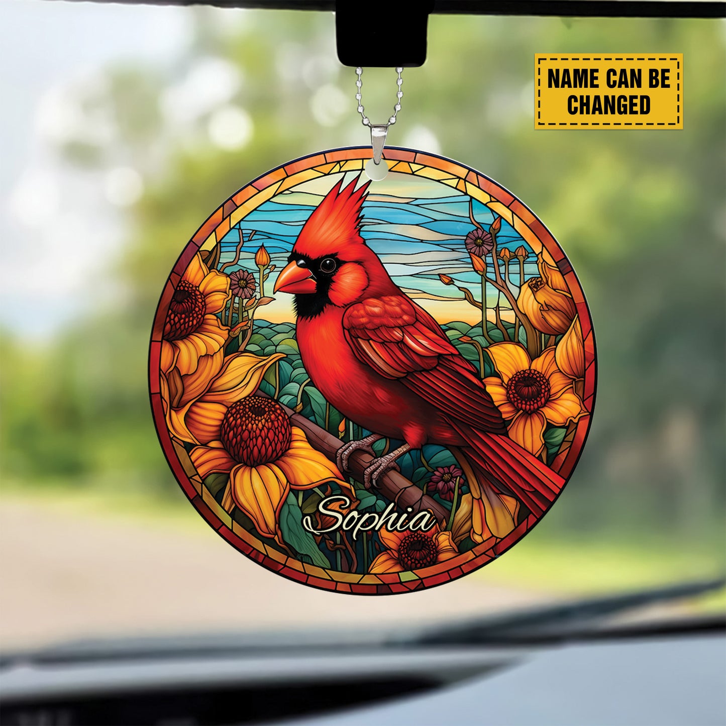 Teesdily | Personalized Cardinal Ceramic Ornament Car Hanging, Christmas Ornament Stained Glass Red Bird Acrylic Ornament, Xmas Gift Family Member