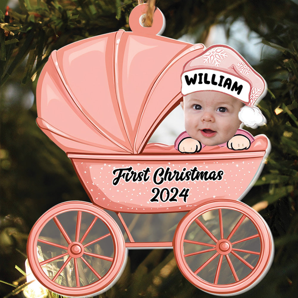 Teesdily | Personalized Baby's First Christmas Ornament, Baby Carriage Acrylic Ornament Christmas, Keepsake Ornament Xmas Gift