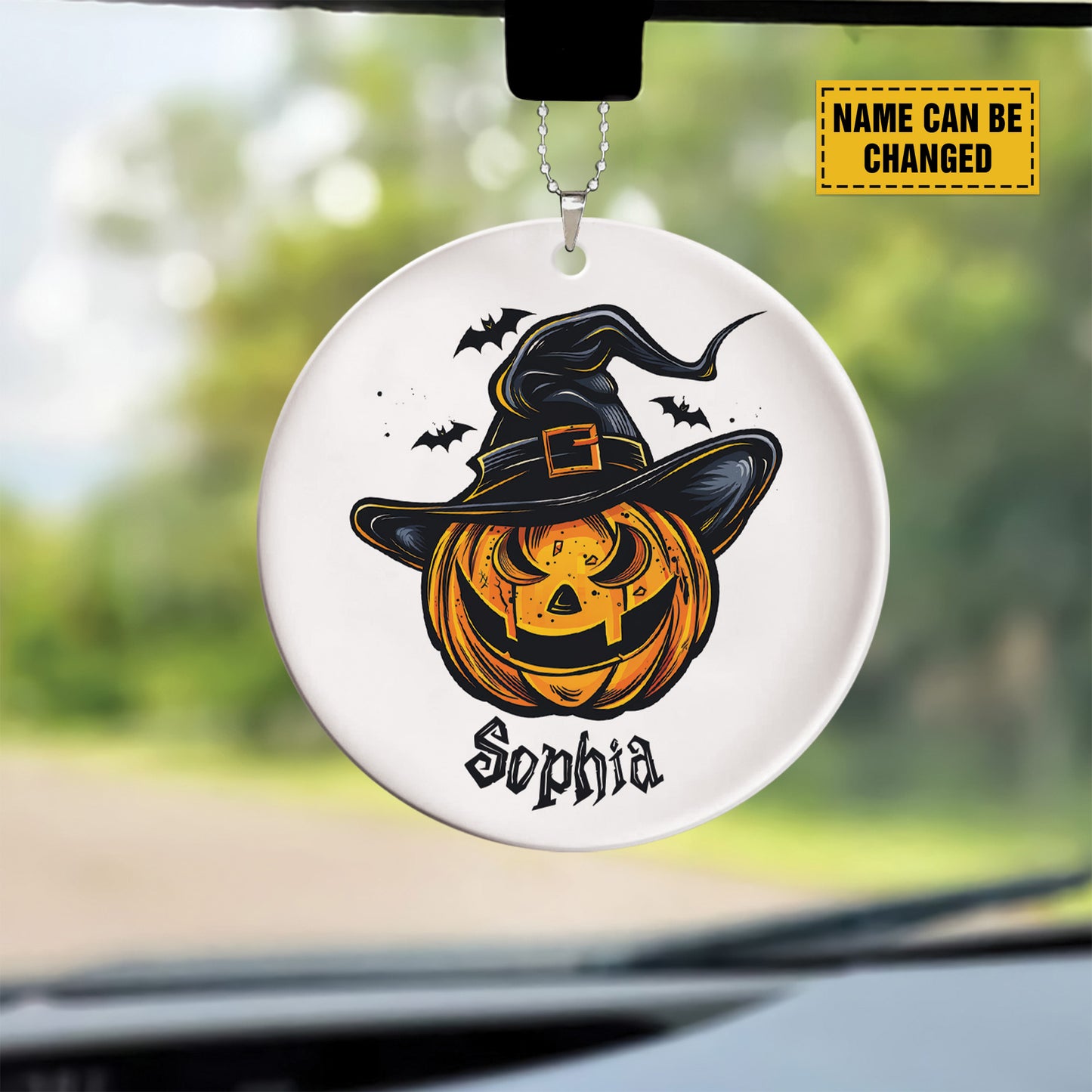 Teesdily | Customized Halloween Pumpkin Witch Hat Ornament, Pumpkin Ornaments Car Hanger Rear View Mirror, Fall Spooky Decorations, Halloween Gift