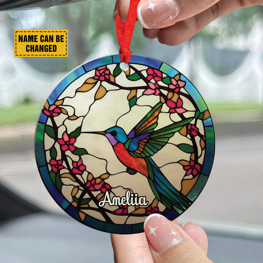 Teesdily | Customized Humming Bird Stained Glass Art Ceramic Ornament, Humming Bird Flower Acrylic Car Hanging Ornament, Christian Christmas Decoration