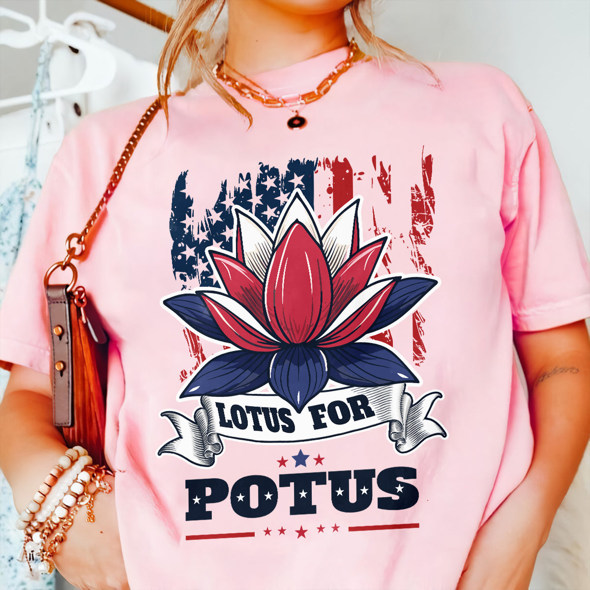 Teesdily | Namaste Lotus Shirt, Lotus For Potus Sweatshirt Hoodie Mug, American Flag Patriot Gift For Women, Girl Power Tee