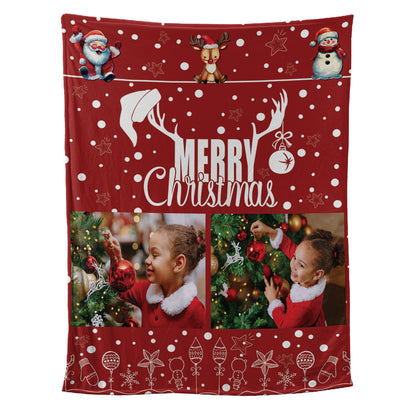 Teesdily | Nursery Personalized Sherpa Blanket With Photo Woodland Animal Baby Blanket Merry Christmas Fleece Blanket Christmas Xmas Gift For Kids