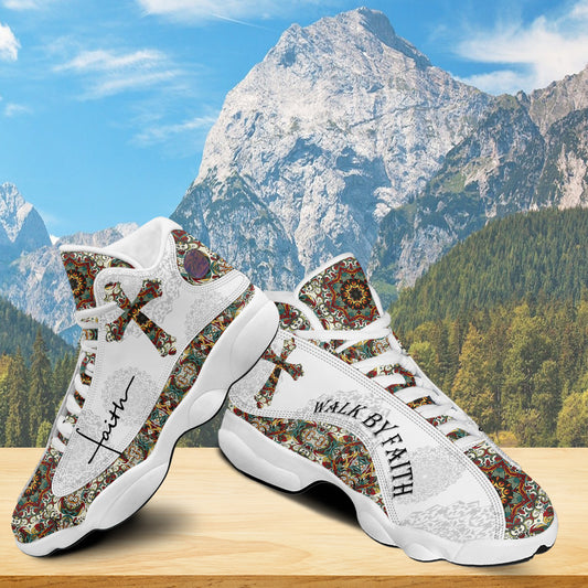 Teesdily | Walk By Faith Boho Design Flower Style Basketball Shoes, God Lover Religious Gifts Shoes With Thick Soles, Christmas Gift