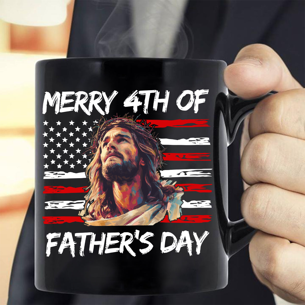 Teesdily | Jesus Dad American Flag T-shirt, Merry 4th Of Father's Day Sweatshirt, Happy Independence Day Gift, Dad Shirt Hoodie, Christian Mug Cup