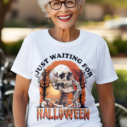 Teesdily | Halloween Cool Skeleton Shirt, Skeleton Just Waiting For Halloween Shirt, Funny Skeleton Sweatshirt Hoodie Mug, Horror Halloween Gifts