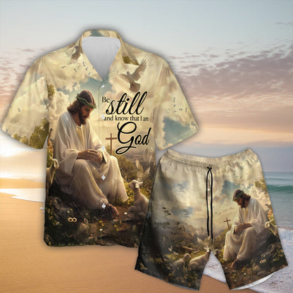 Teesdily | Jesus And Lamb Of God Hawaiian Shirt, Be Still & Know That I Am God Hawaii Shirt, Christian Cross Aloha Hawaii Set, Button Shirt, Dad Gift