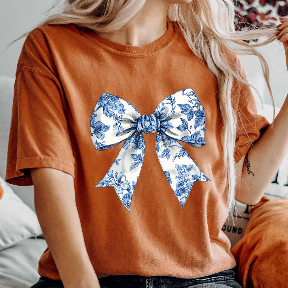 Teesdily | Toile De Jouy Coquette Bow Shirt, Blue Ribbon Sweatshirt, Toile Blue Bow Hoodie Mug, Girly Aesthetic Gift For Mom Sister