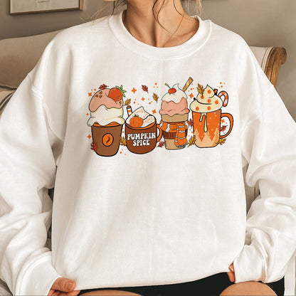 Teesdily | Halloween Pumpkin Spice Sweatshirt, Fall Thankful Coffee Cup Hoodie Mug, Halloween Pumpkin Latte Drink Tee Gift