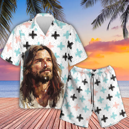 Teesdily | Jesus Portrait Print Hawaiian Shirt, Jesus Christ Cross Pattern Hawaii Set, God Cross Summer Aloha Shirt, Jesus Lover 3D Hawaiian Clothing