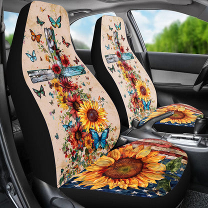 Teesdily | Jesus Cross Sunflower American Flag Car Seat Cover, Christ Butterfly Protector Seat Covers, Independence Day Gift, Car Decoration