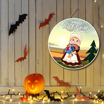 Teesdily | Pilgrim Girlthanksgiving Round Hanging Sign, Happy Thanksgiving Day Wood Door Hanger, Farming Girl Gifts, Harvest Day Welcome Sign