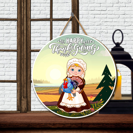 Teesdily | Pilgrim Girlthanksgiving Round Hanging Sign, Happy Thanksgiving Day Wood Door Hanger, Farming Girl Gifts, Harvest Day Welcome Sign