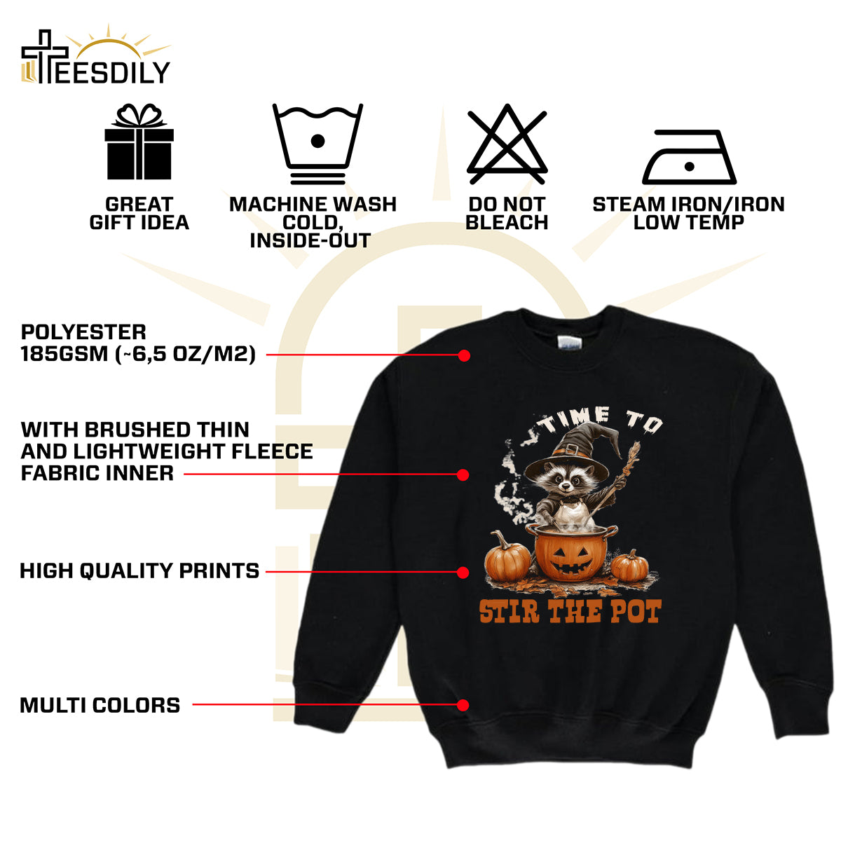 Teesdily | Time To Stir The Pot Witch Halloween Shirt, Funny Raccoon Witch Retro Halloween Sweatshirt, Spooky Season Hoodie Mug Gift