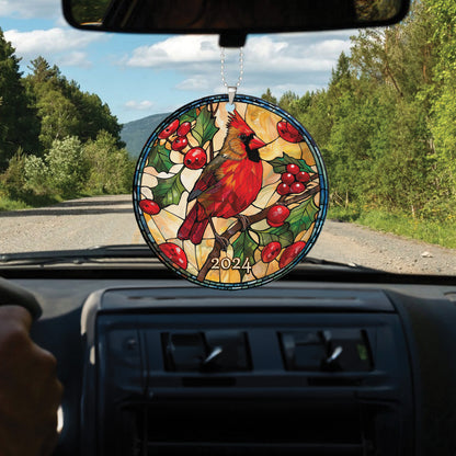 Teesdily | Cardinal Christmas Stained Glass Print Rear View Mirror Accessories, Cardinal Christmas 2024 Rear View Mirror Hanging, Christmas Tree Decor