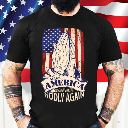 Teesdily | American Flag Jesus Praying Hands Shirt, Make America Godly Again Tee Sweatshirt Hoodie Mug, Jesus Lovers Gifts, Christian Apparel