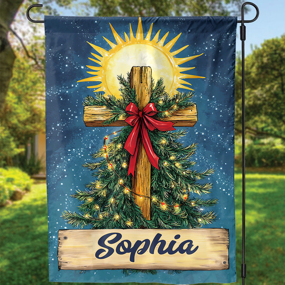 Teesdily | Customized Jesus Christmas Tree Flag, Christ Cross Light Garden Flag, Christmas Bow Religious House Flag Yard Decor