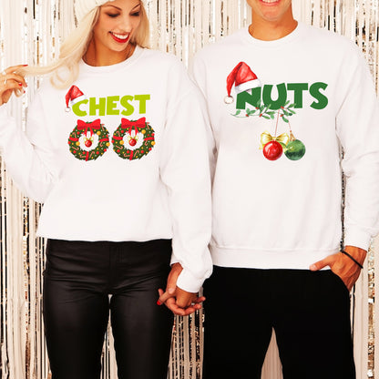 Teesdily | Chest Nuts Matching Christmas Shirt, Funny Couple Shirts, Christmas Couple Sweatshirt, Holiday Matching Family Gift