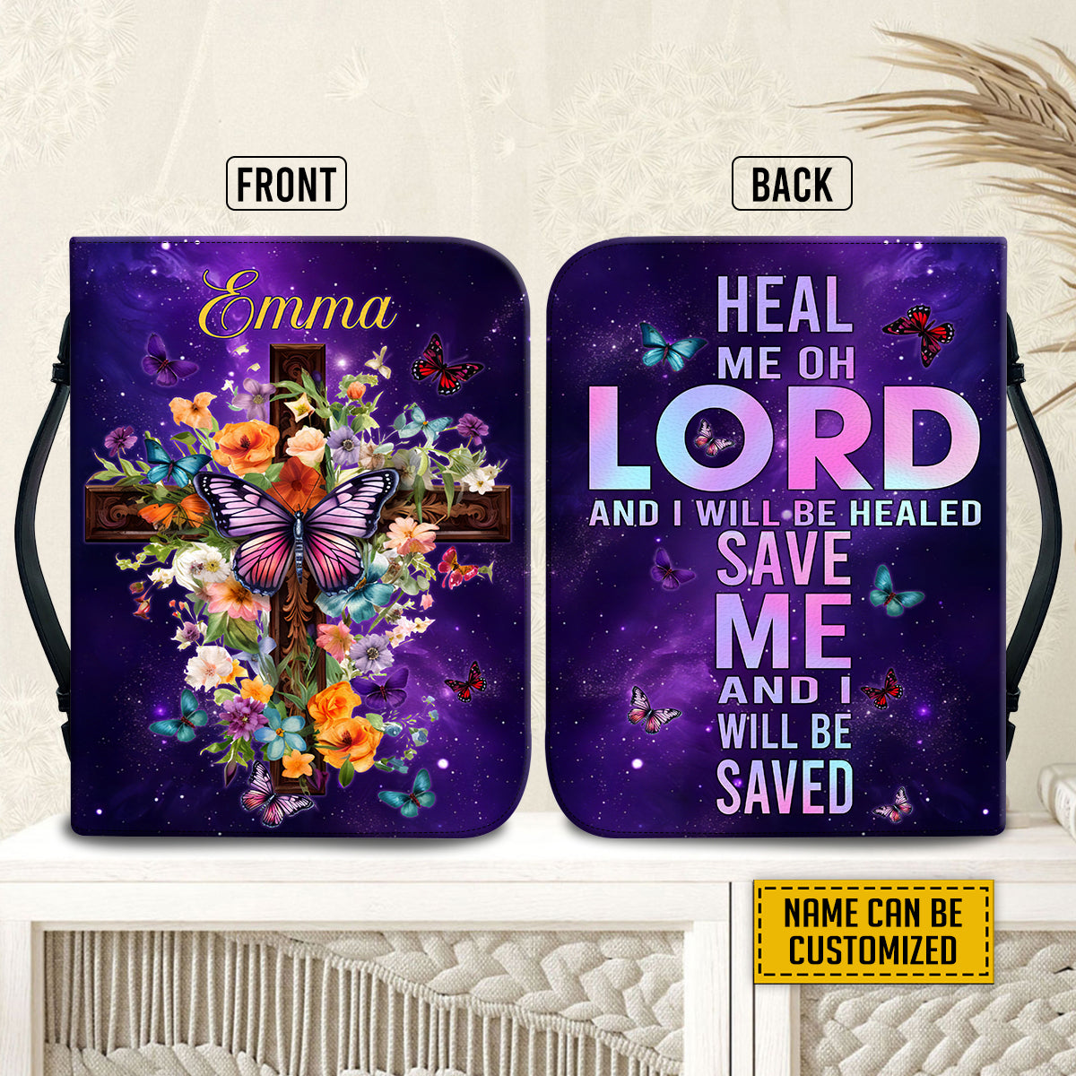 Teesdily | Jesus Cross Floral Customized Bible Cover Heal Me Oh Lord And I Will Be Healed Bible Case Butterfly Galaxy Print Gift For Women In Faith