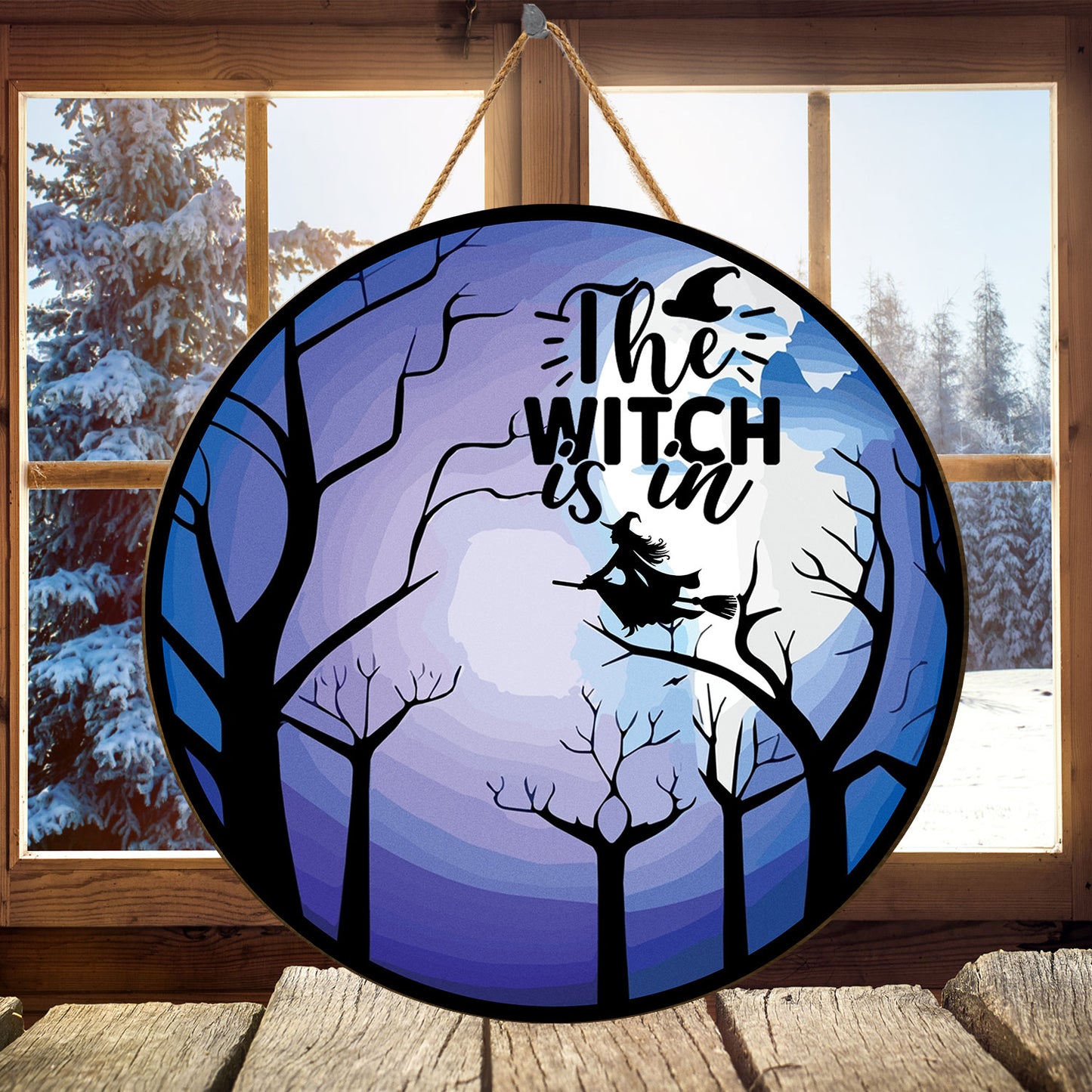 Teesdily | The Witch Is In Spooky Forest Trees Full Moon Wood Sign Halloween Decoration Halloween Trick Or Treat Office Decor