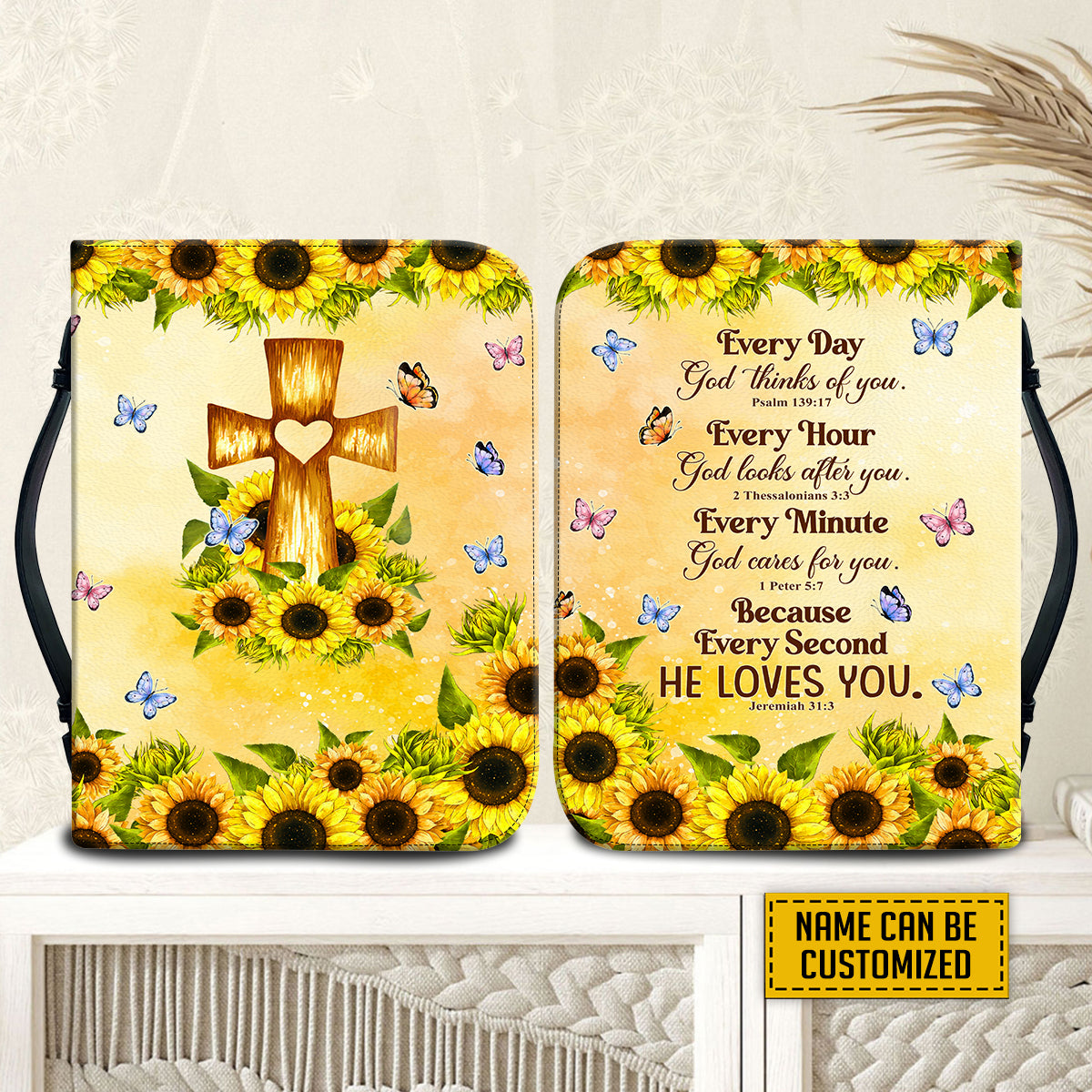 Teesdily | Customized Jesus Cross Sunflower Bible Bags, God Verse Bible Holder, Every Day God Thinks Of You Bible Cover With Handle, Daughter Gifts