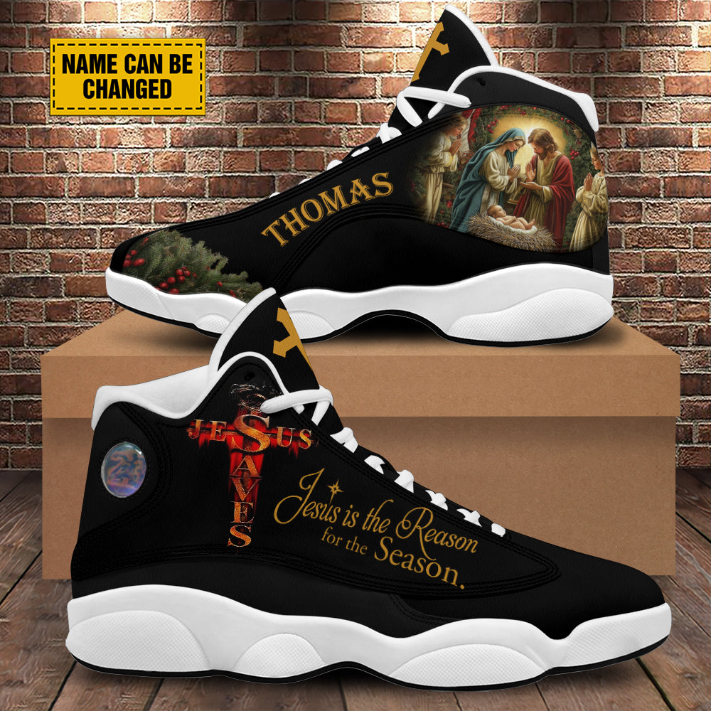 Teesdily | Customized Jesus Is The Reason For The Season Basketball Shoes, Jesus Nativity Christmas Running Shoes, Christmas Gift