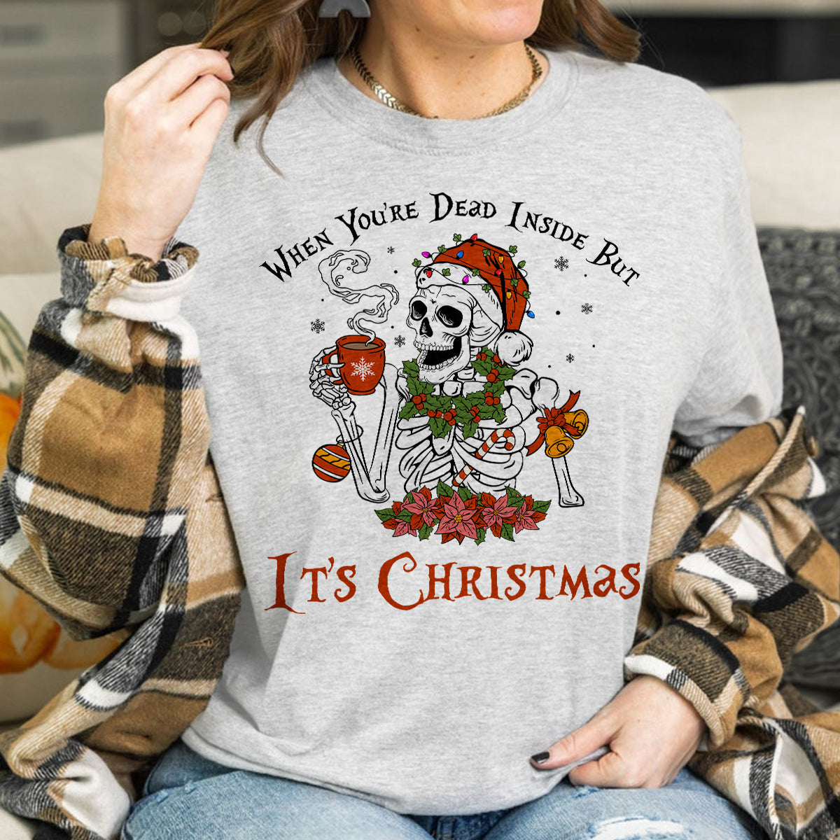 Teesdily | Christmas Skeleton Coffee Shirt, Santa Skull Dead Inside But Its Christmas Sweatshirt Hoodie Mug