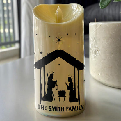 Teesdily | Custom Jesus Nativity Scene LED Candle No Battery, O Holy Night Music Sheet Nativity Christmas Decor, Religious Gift