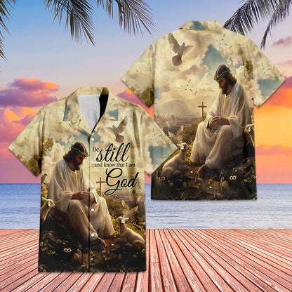 Teesdily | Jesus And Lamb Of God Hawaiian Shirt, Be Still & Know That I Am God Hawaii Shirt, Christian Cross Aloha Hawaii Set, Button Shirt, Dad Gift