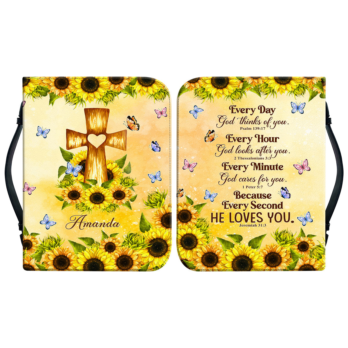 Teesdily | Customized Jesus Cross Sunflower Bible Bags, God Verse Bible Holder, Every Day God Thinks Of You Bible Cover With Handle, Daughter Gifts