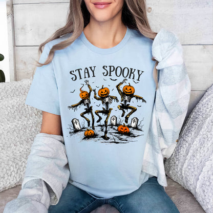 Teesdily | Halloween Skeleton Pumpkin Shirt, Stay Spooky Sweatshirt Hoodie Mug, Dancing Skeleton Pumpkin Face T-Shirt, Holiday Outfit, Halloween Gift