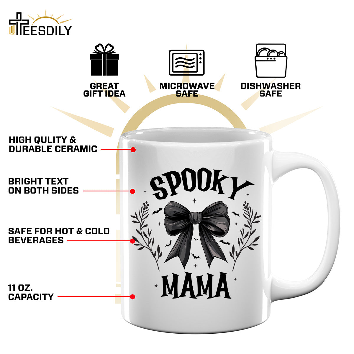 Teesdily | Retro Coquette Spooky Mama Bow Halloween Shirt, Back Bow Bat Flower Halloween Sweatshirt Hoodie Mug, Mama T-shirt, Halloween Gift