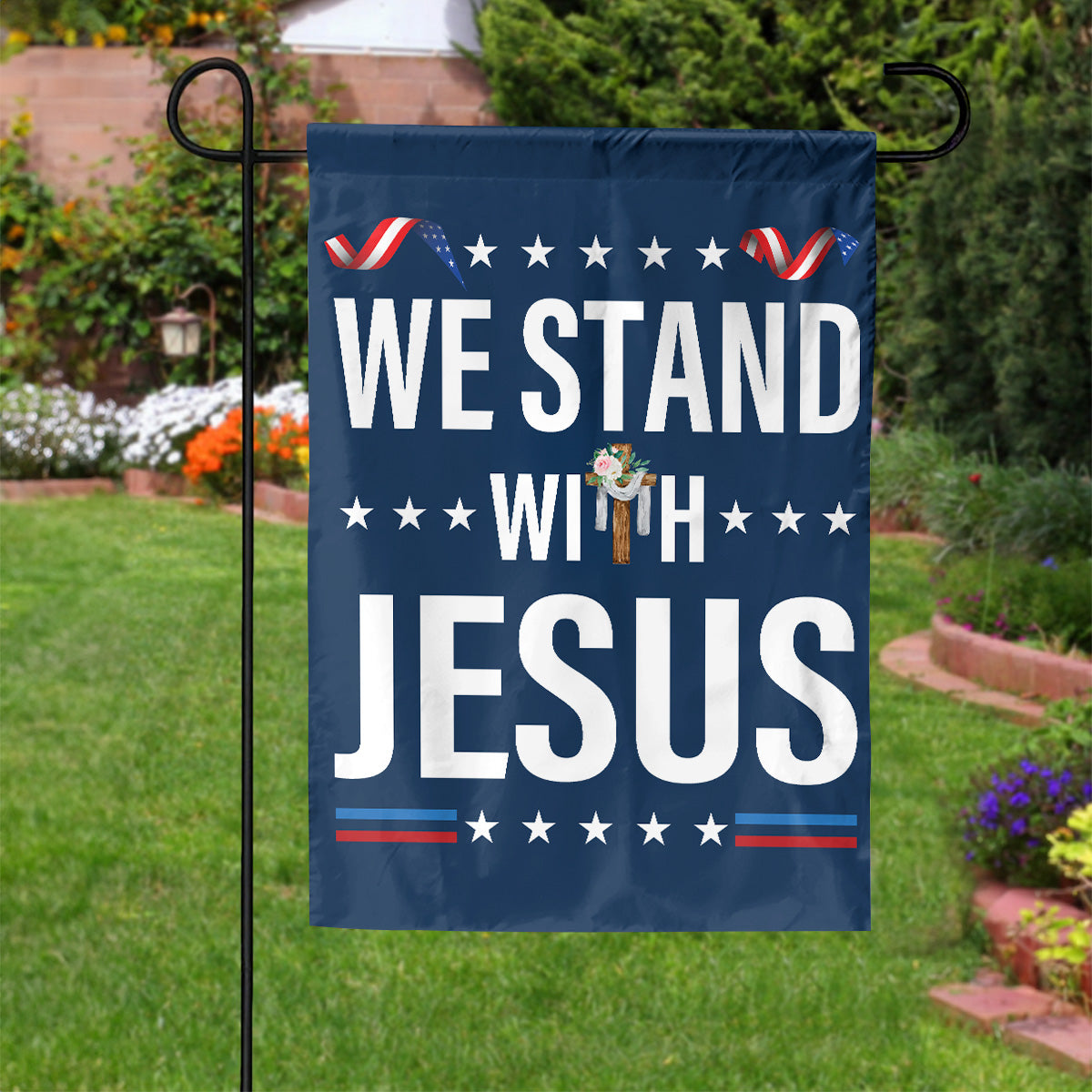 Teesdily | We Stand With Jesus House Flag, Christian Cross Flower Garden Flag, Christian Patriotic Yard Decor, Christ Banner Flag, Jesus Lovers Gifts