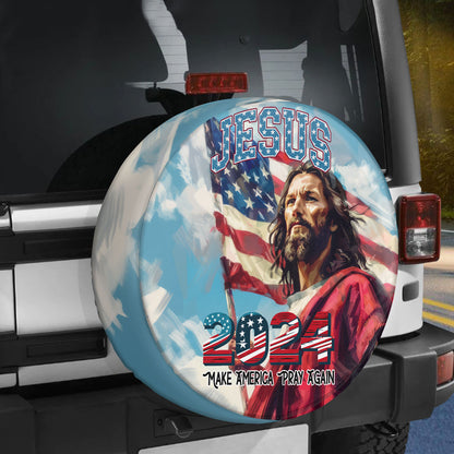 Teesdily | Jesus Christ 2024 Tire Cover, Jesus God American Flag Wheel Cover, Indepedence Car Decor, Make American Pray Again Spare Tire Cover