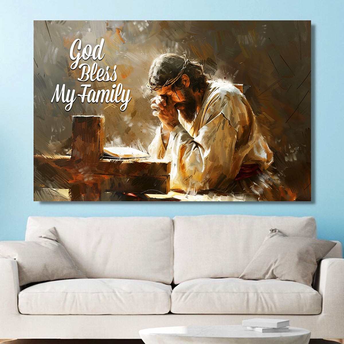 Teesdily | Jesus Cross Poster, God Bless My Family Poster, He Is Risen Canvas, Christian Gift, Gift For Jesus Lovers, Religious Poster Canvas