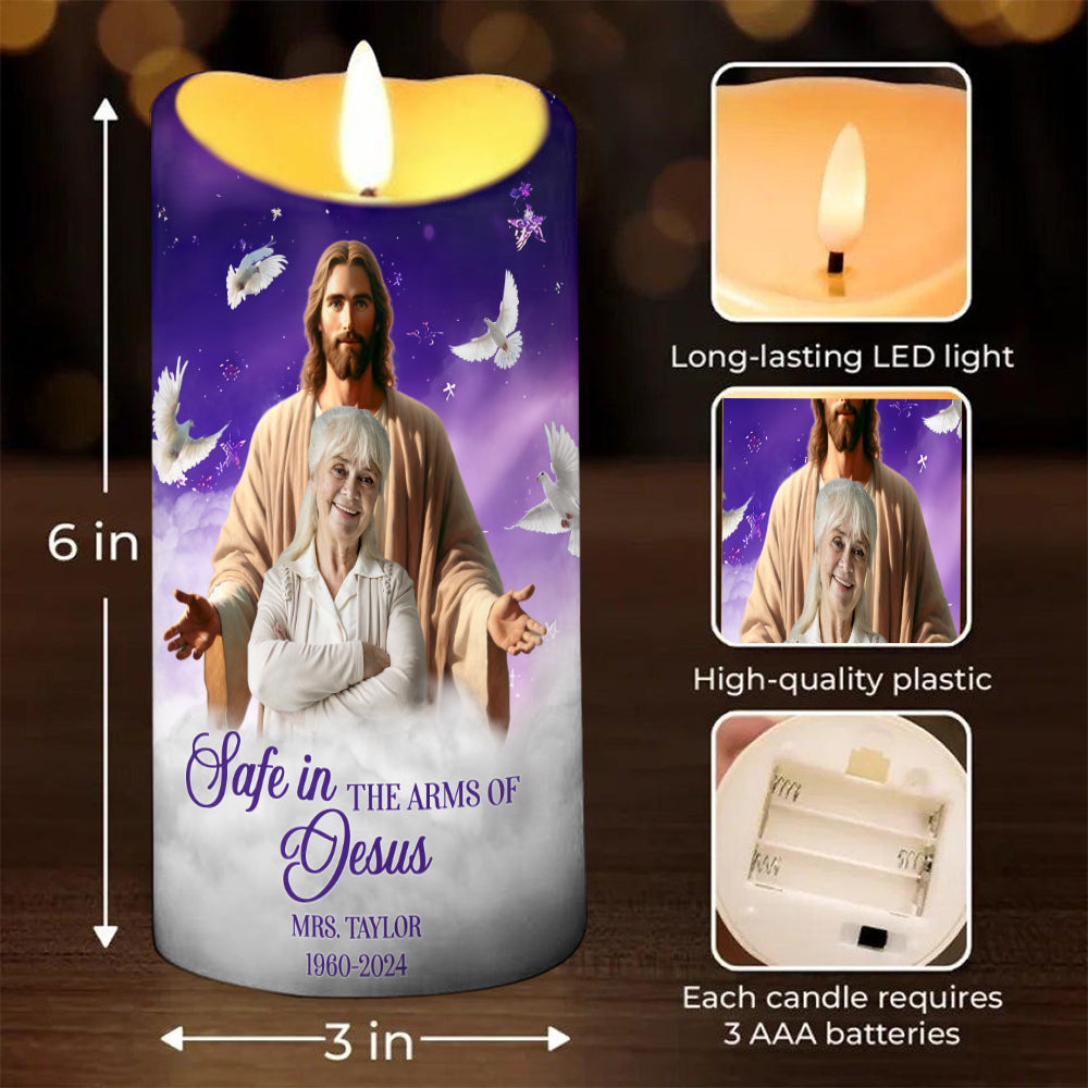 Teesdily | Customized Memorial Jesus Christ Led Candle, Safe In The Arms Of Jesus Flameless Candle Christmas Gift, Keepsake Gift