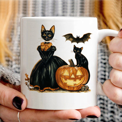 Teesdily | Cat Witch Halloween Shirt, Retro Halloween Pumpkin Sweatshirt, Black Cat Spooky Season Hoodie Mug, Cat Lover Gift