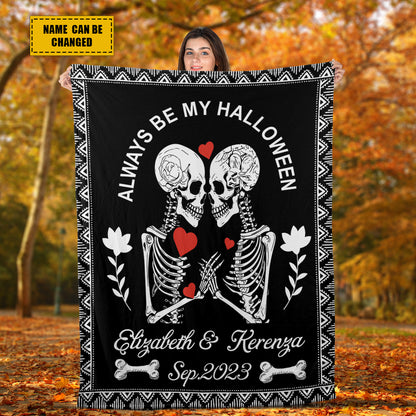 Teesdily | Skull Couple Personalized Fleece Blanket Always Be My Halloween Warm Blanket Gothic Skeleton Blanket Personalized Christmas Couple Gifts