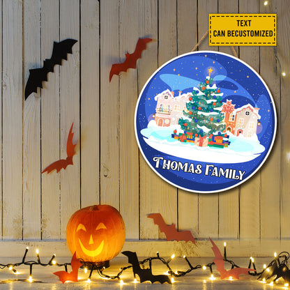 Teesdily | Customized Christmas Town Round Wood Sign Christmas Is Coming Custom Wood Sign Xmas Family Door Sign Christmas Gifts