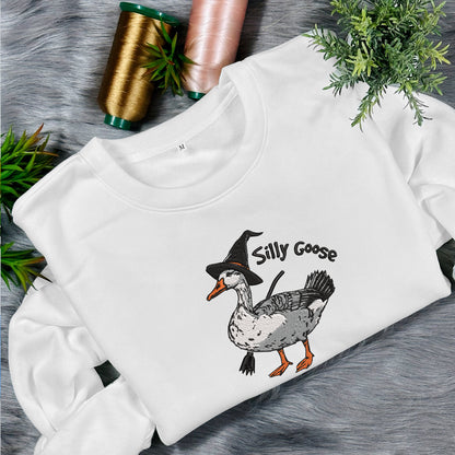 Teesdily | Halloween Goose Witch Embroidered Shirt, Silly Goose Embroidery Sweatshirt, Silly Goose On The Loose Shirt, Funny Goose Halloween Gifts